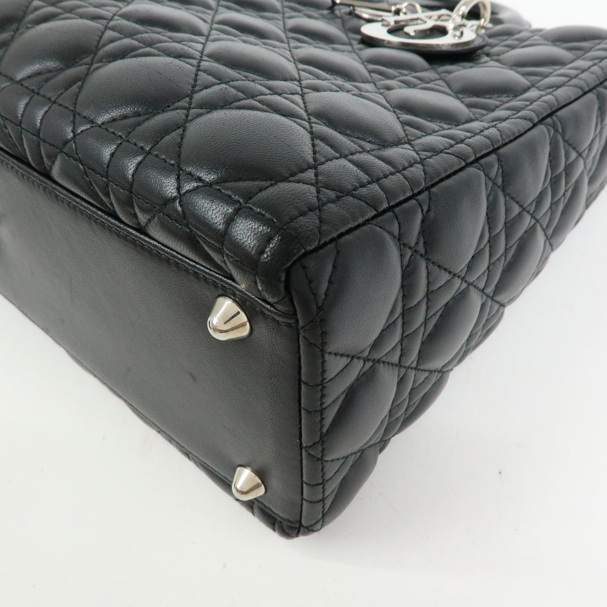 Christian Dior Lady Dior Cannage Quilt Lambskin, Black, Leather, Handbag