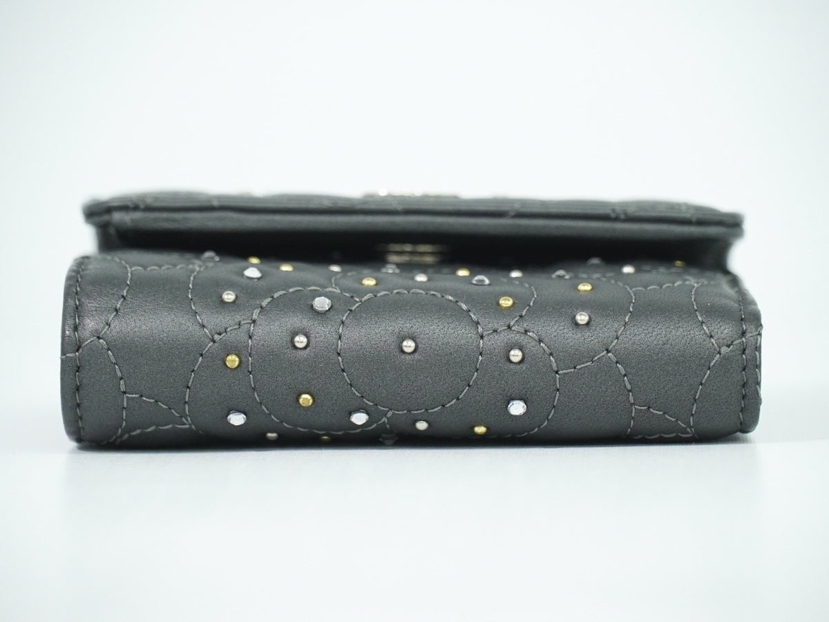 Chanel Camellia Flap Studded Camellia Lambskin, Gray, Leather, Wallet
