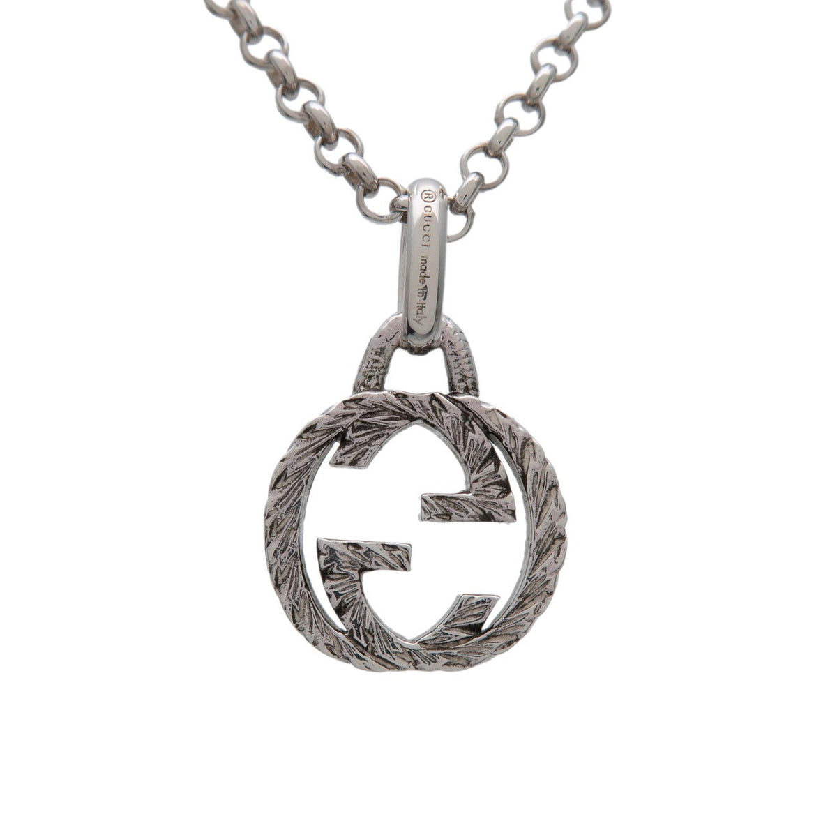 Gucci Engraved Interlocking G Chain Link Pendant Sterling Silver, Silver, Silver, Necklace