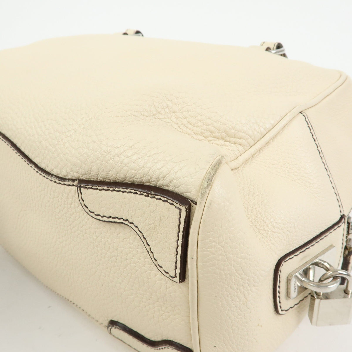 Prada Embossed Logo Bauletto Vitello Daino, Beige, Leather, Handbag