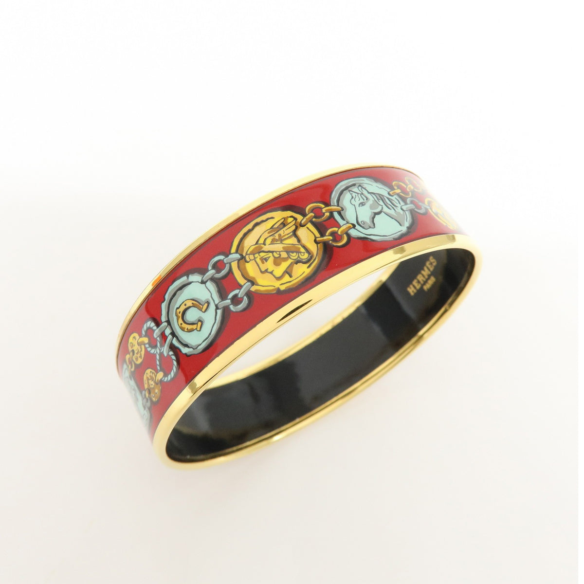 Hermes Bangle Printed Enamel, Red, Gold Plated, Bracelet