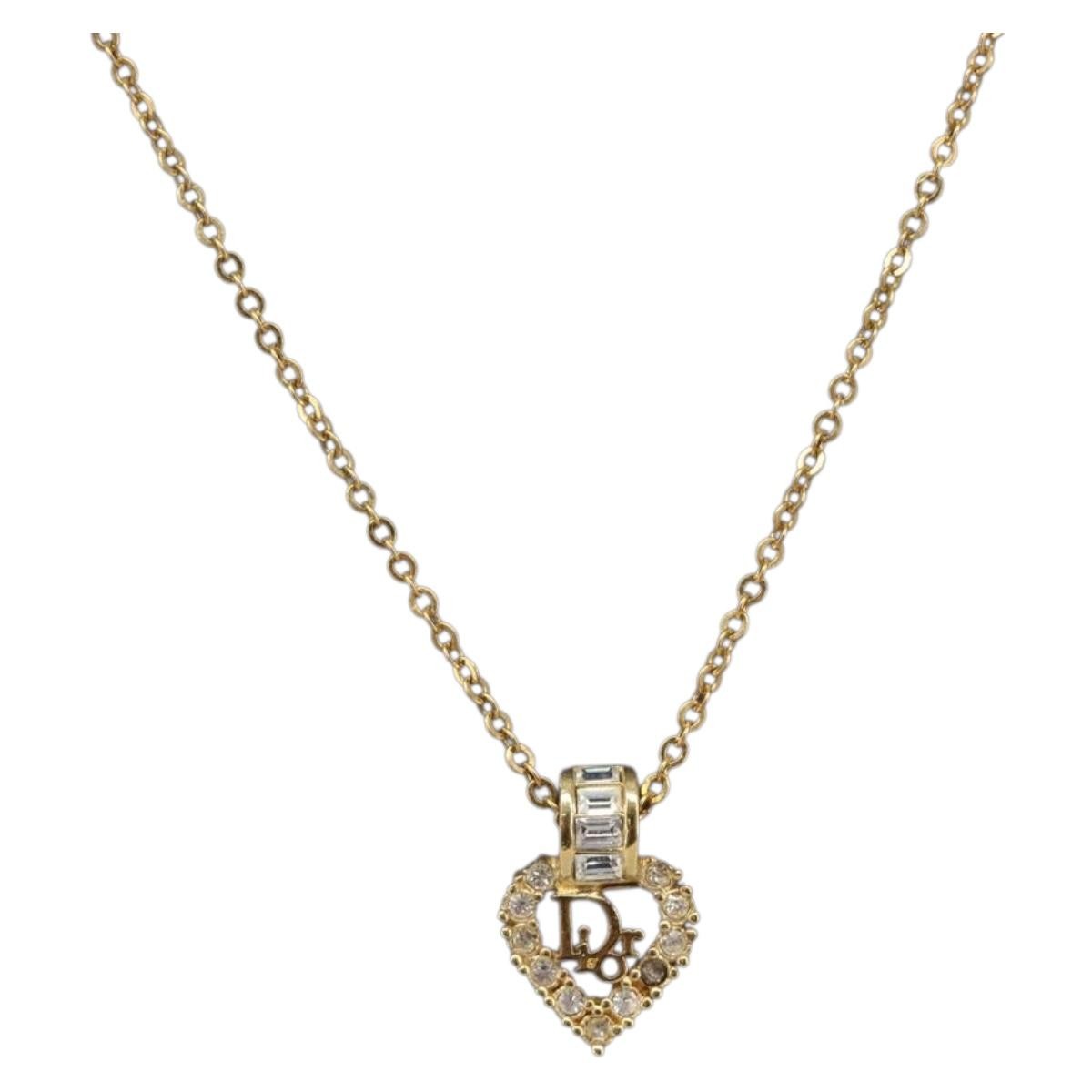 Christian Dior Logo Heart Pendant Metal, Gold, Metal, Necklace