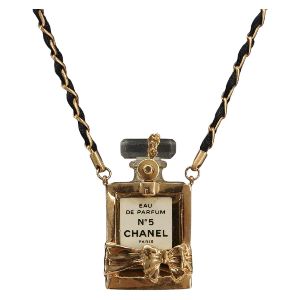 Chanel CC No.5 Perfume Bottle Pendant Metal, Gold, Metal, Necklace