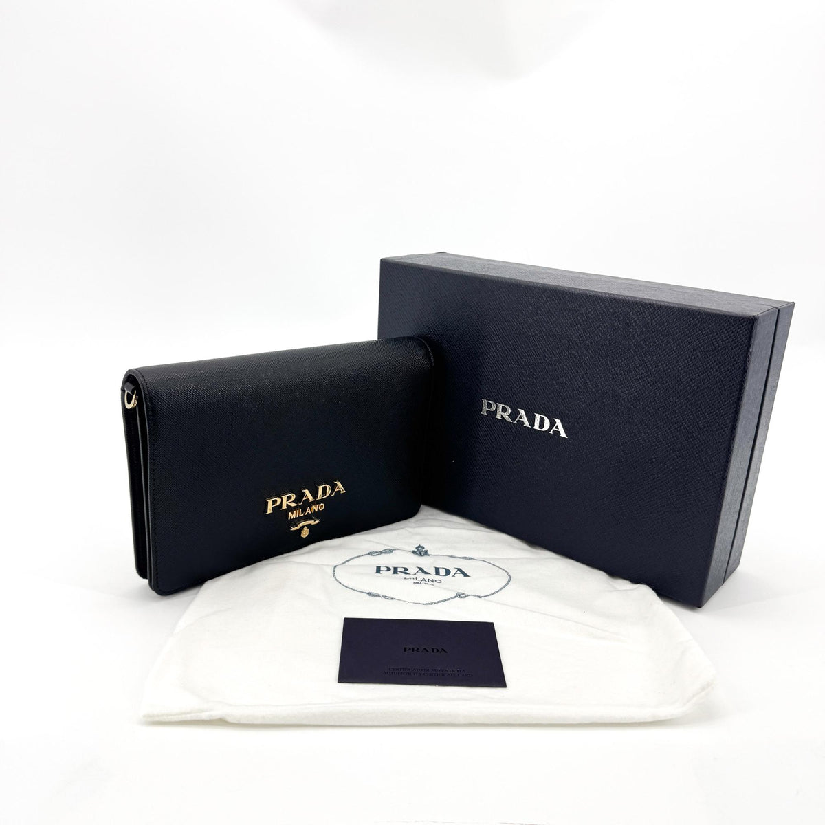 Prada Flap Card Case on Chain Saffiano Leather, Black, Leather, Card Holder