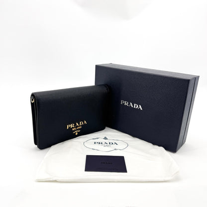 Prada Flap Card Case on Chain Saffiano Leather, Black, Leather, Card Holder