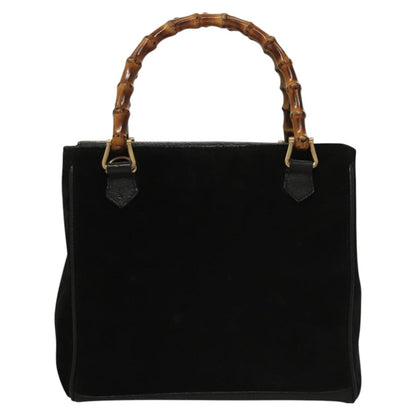 Gucci Vintage Bamboo Front Pocket Tote Suede, Black, Suede, Handbag