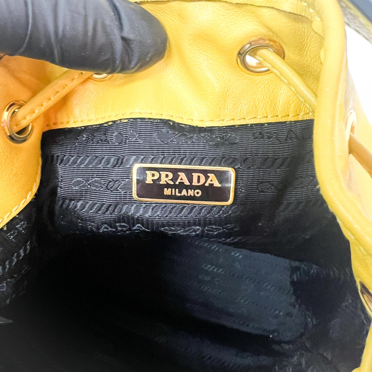 Prada Duet Drawstring Bucket Leather, Yellow, Leather, Handbag