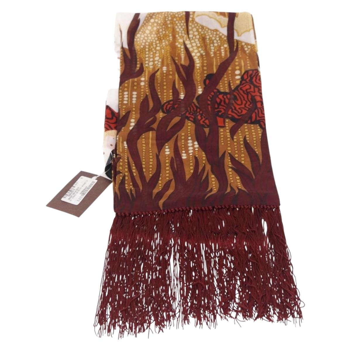 Gucci Printed Silk Fringed Scarf Silk, Burgundy, Silk, Scarf