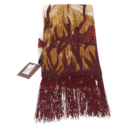 Gucci Printed Silk Fringed Scarf Silk, Burgundy, Silk, Scarf