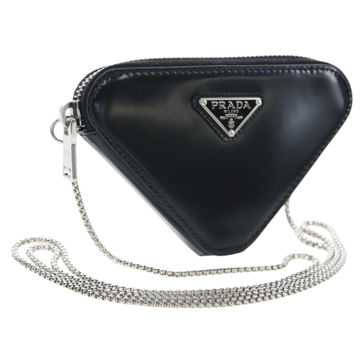 Prada Triangle Logo Zip Embossed Leather, Black, Leather, Shoulder Bag