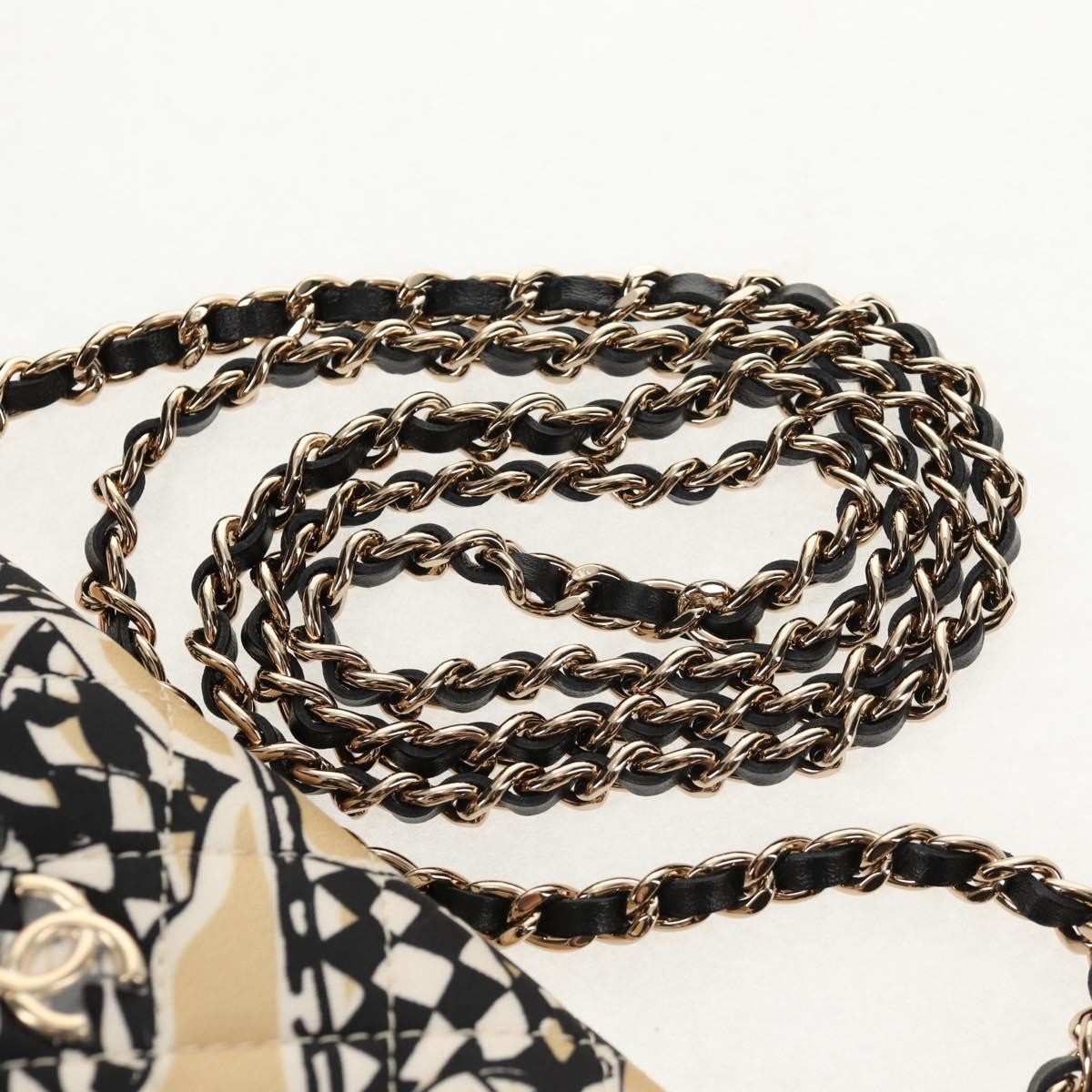Chanel Flap Card Holder on Chain Quilted Printed Canvas, Beige, Satin, Shoulder Bag