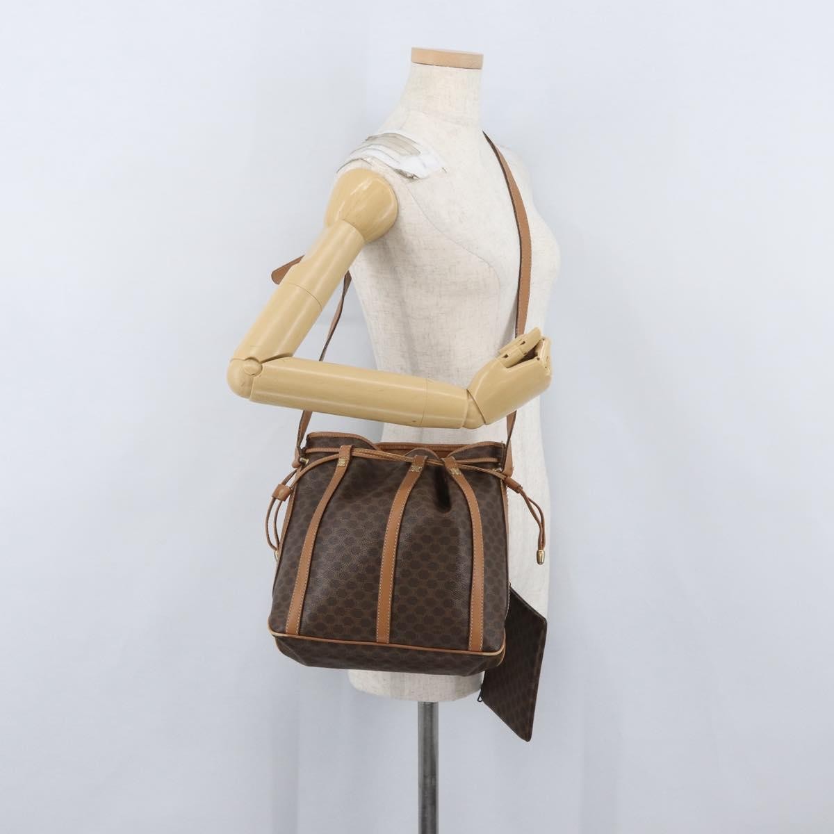 Celine Vintage Shoulder Bag Macadam Canvas & Leather, Brown, Canvas, Shoulder Bag