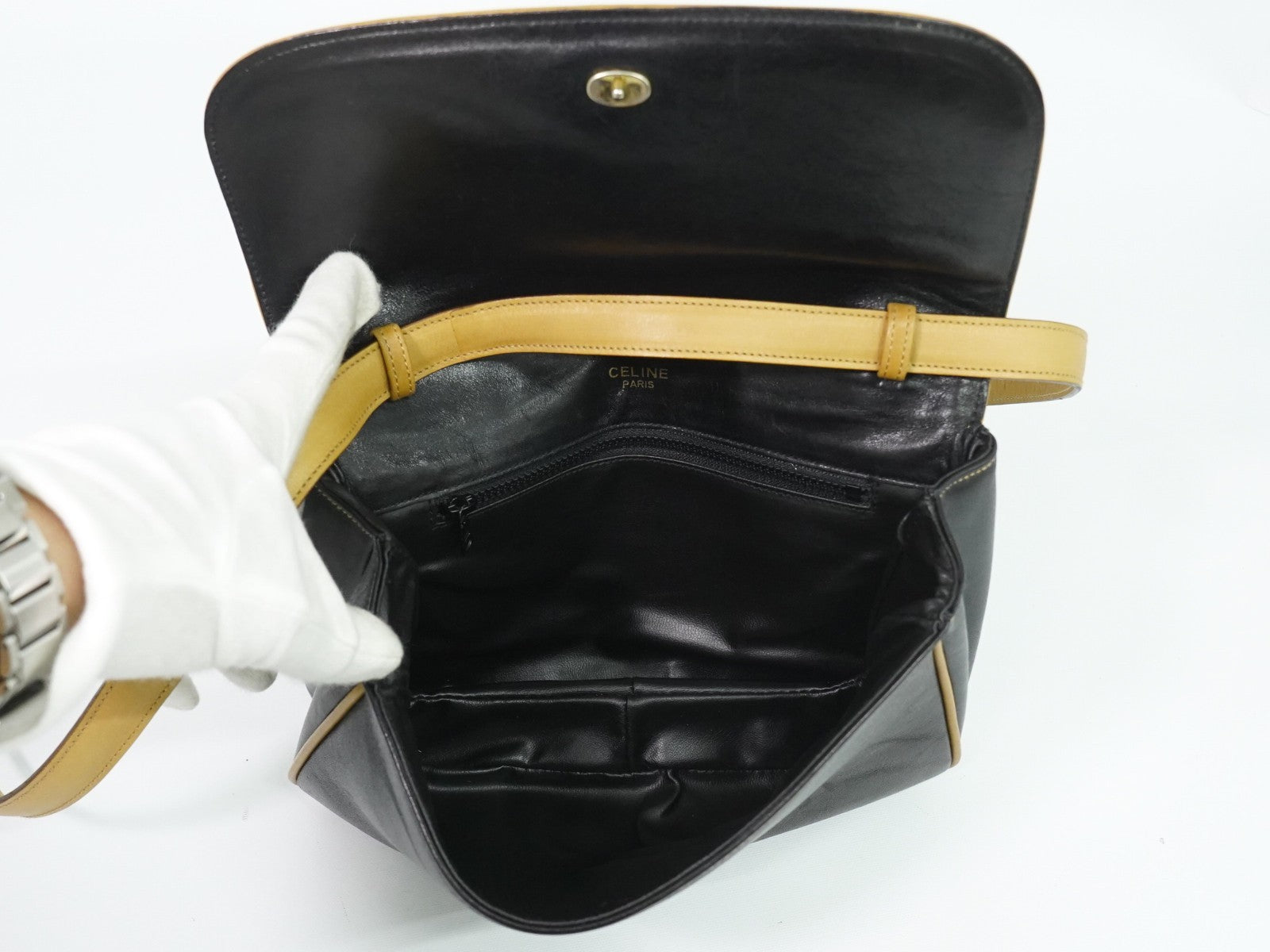 Celine Vintage Flap Leather, Black, Leather, Shoulder Bag
