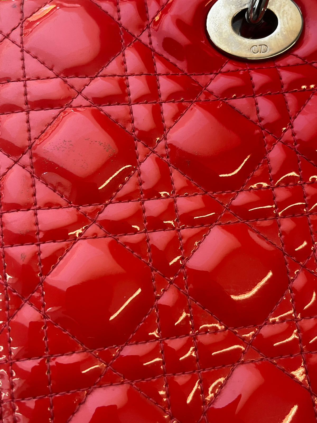 Christian Dior Lady Cannage Tote Leather, Red, Patent Leather, Handbag