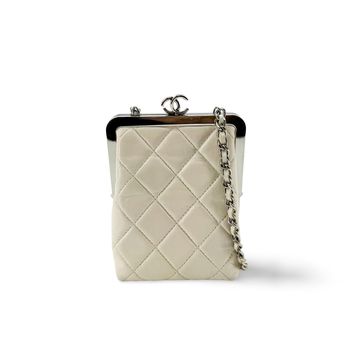 Chanel CC Frame Clutch with Chain Quilted Lambskin and Plexiglass, Beige, Leather, Clutch