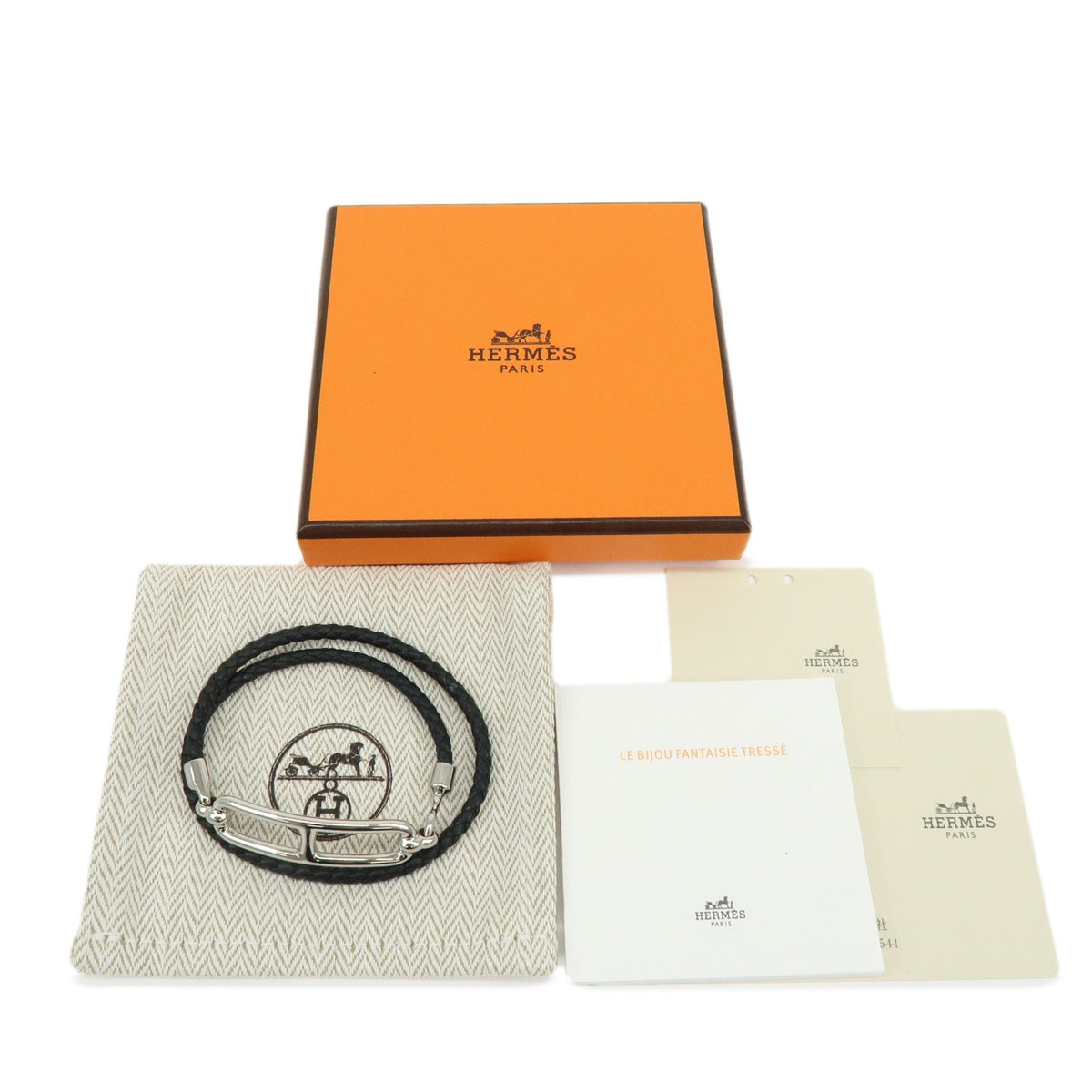Hermes Roulis Double Tour Braided Leather, Black, Leather, Bracelet