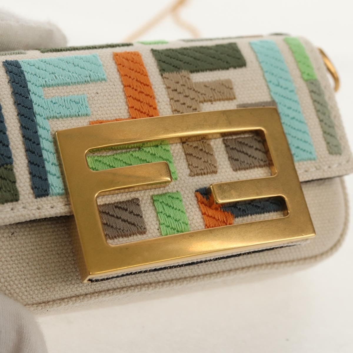 Fendi Chain Baguette Charm Zucca Embroidered Canvas, Multicolour, Canvas, Shoulder Bag