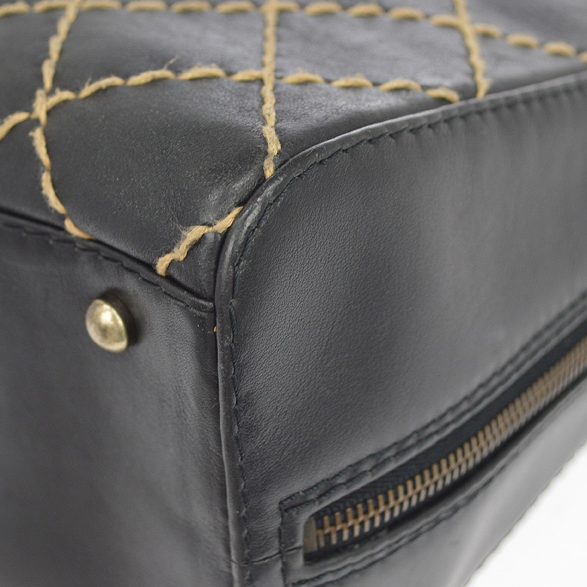 Chanel Surpique Zip Around Satchel Quilted Leather, Black, Leather, Handbag
