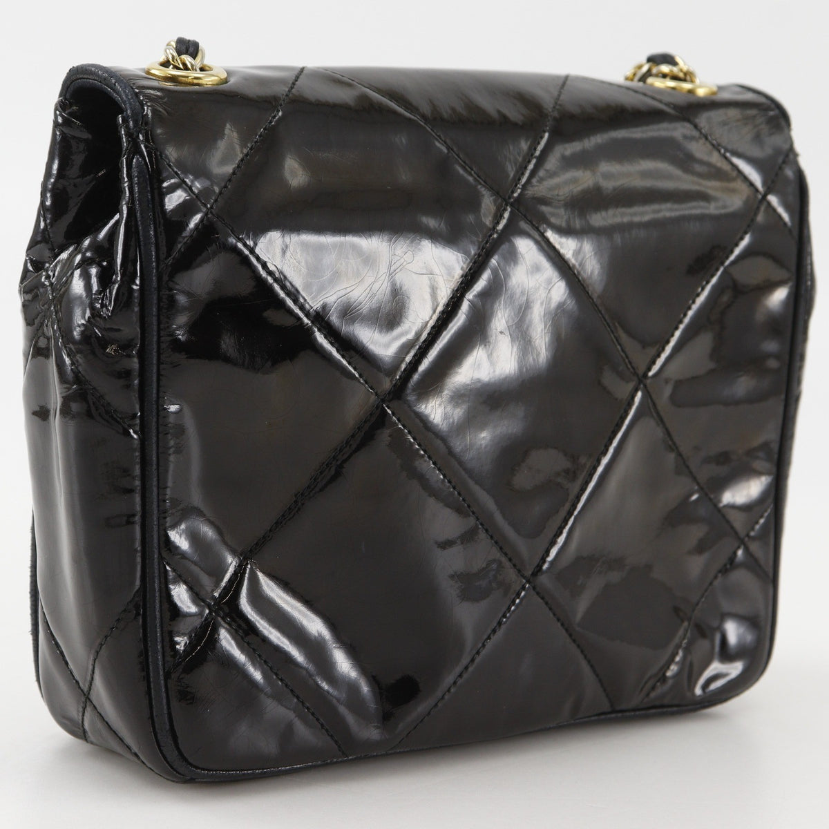 Chanel Flap Shoulder Leather, Black, Patent Leather, Shoulder Bag