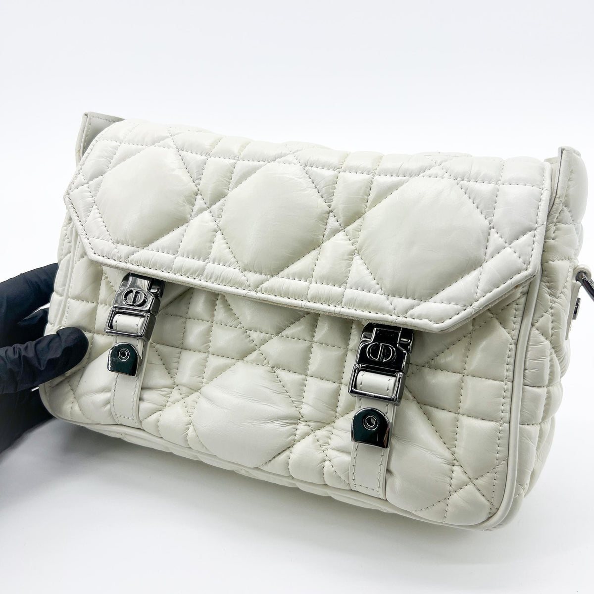 Christian Dior Diorcamp Messenger Padded Macrocannage Quilt Calfskin, White, Leather, Shoulder Bag