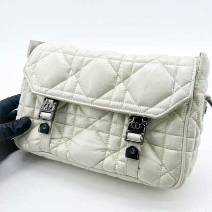 Christian Dior Diorcamp Messenger Padded Macrocannage Quilt Calfskin, White, Leather, Shoulder Bag