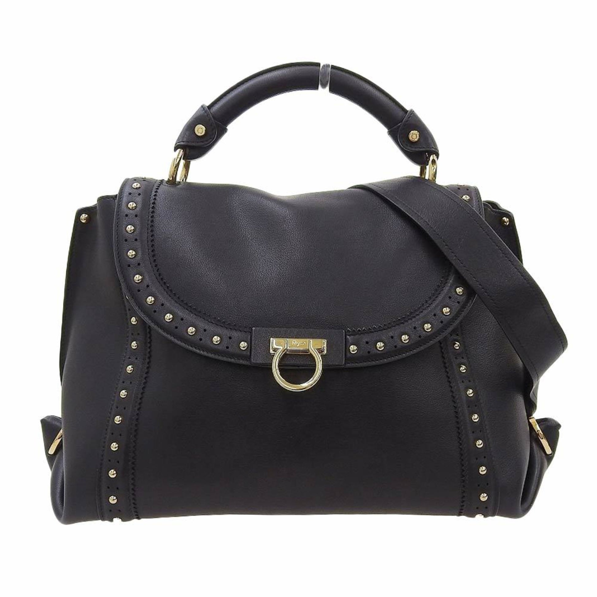 Salvatore Ferragamo Gancini, Black, Leather, handbag