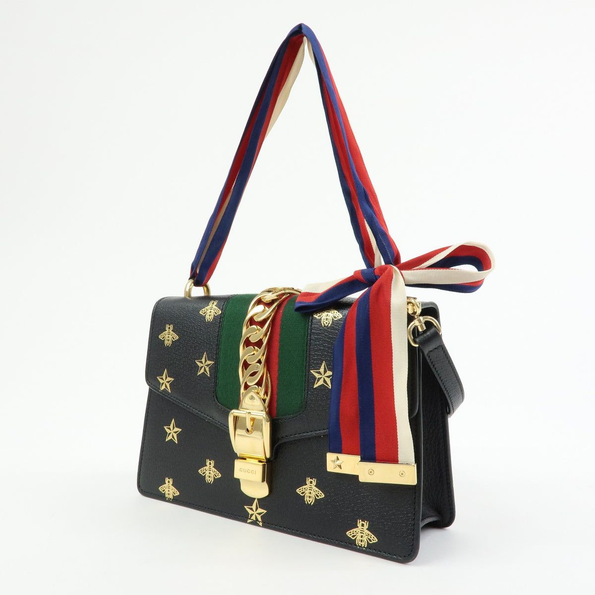 Gucci Sylvie Printed Leather, Black, Leather, Shoulder Bag