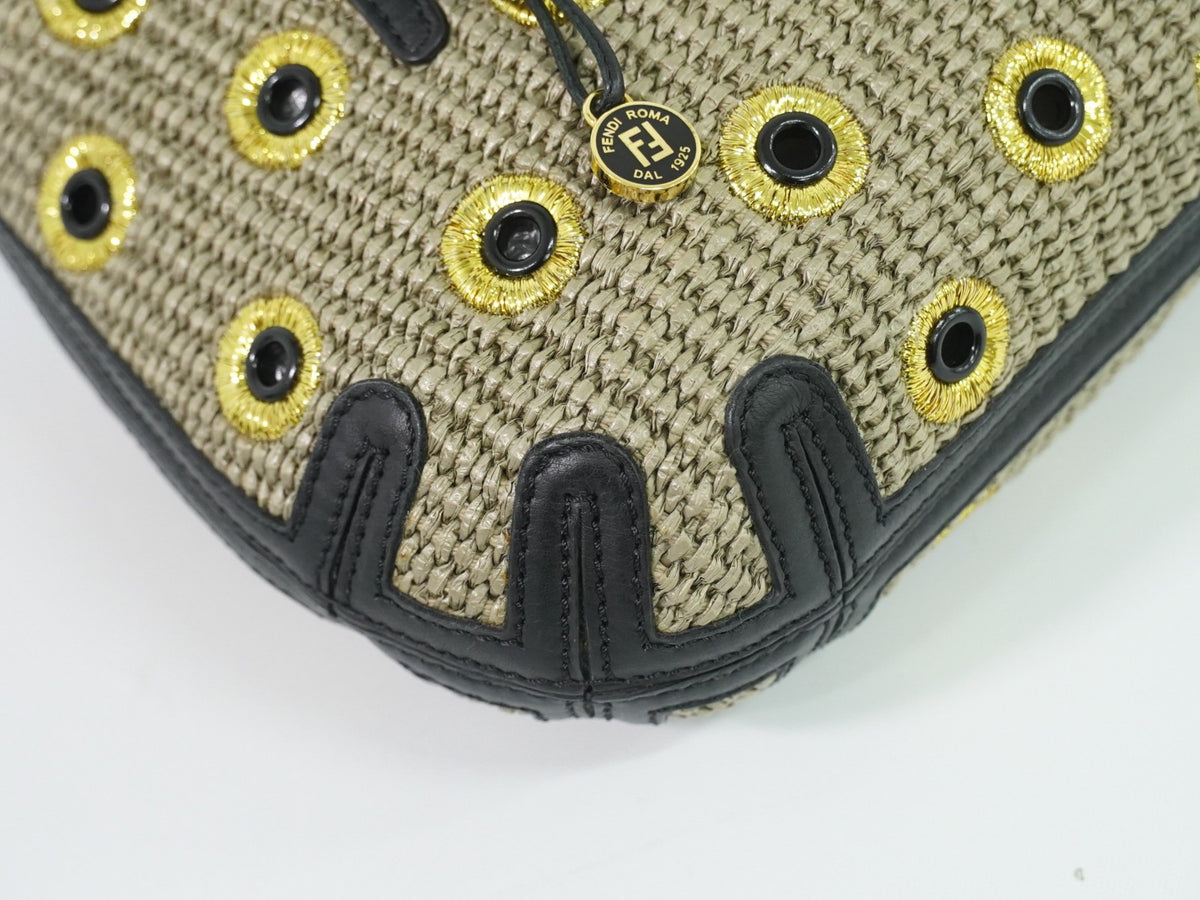 Fendi B. Fab Convertible Tote Grommet Embellished Raffia, Beige, Leather, Handbag
