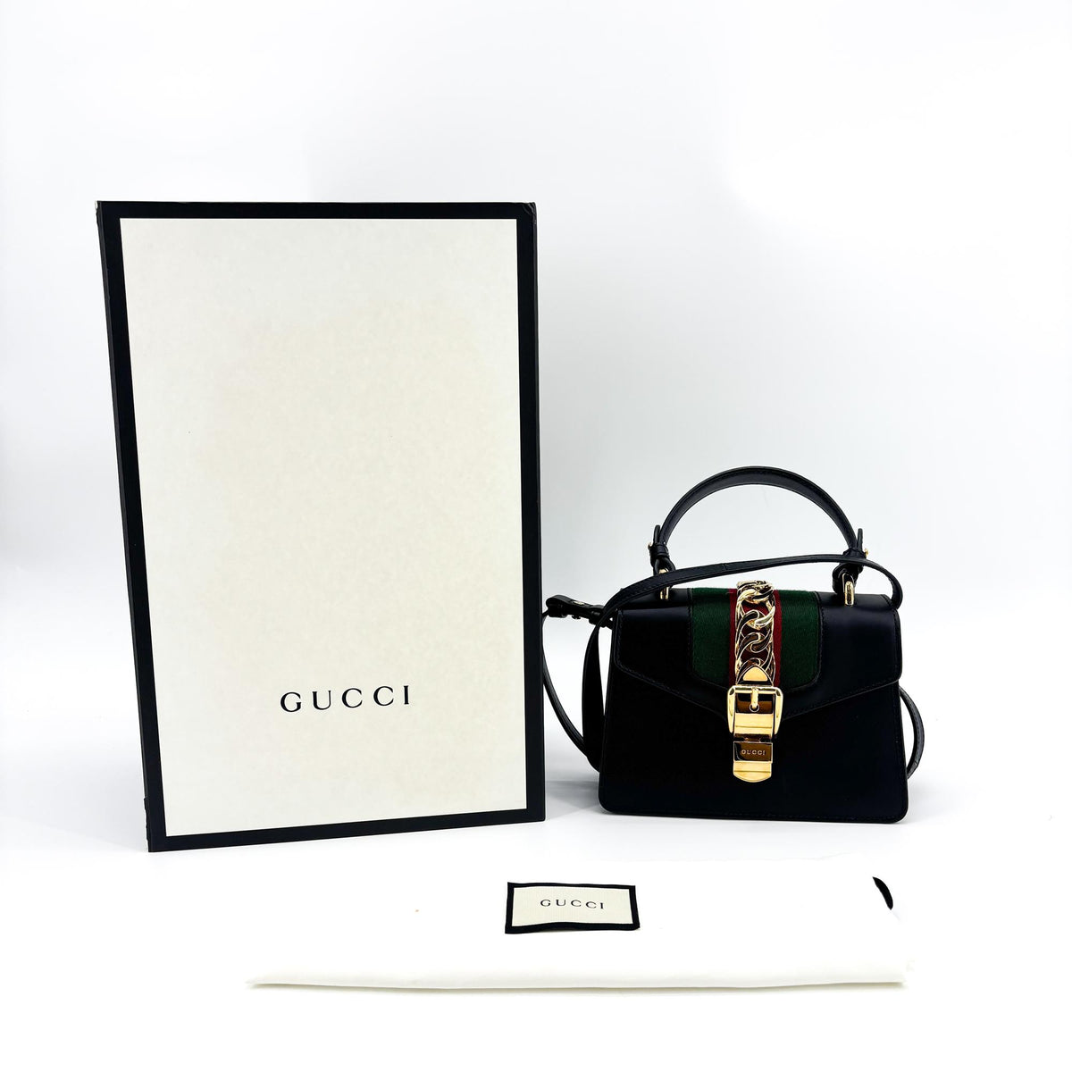 Gucci Sylvie Top Handle Leather, Black, Leather, Handbag