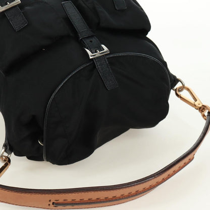 Prada Double Pocket Drawstring Tessuto, Black, Nylon, Shoulder Bag
