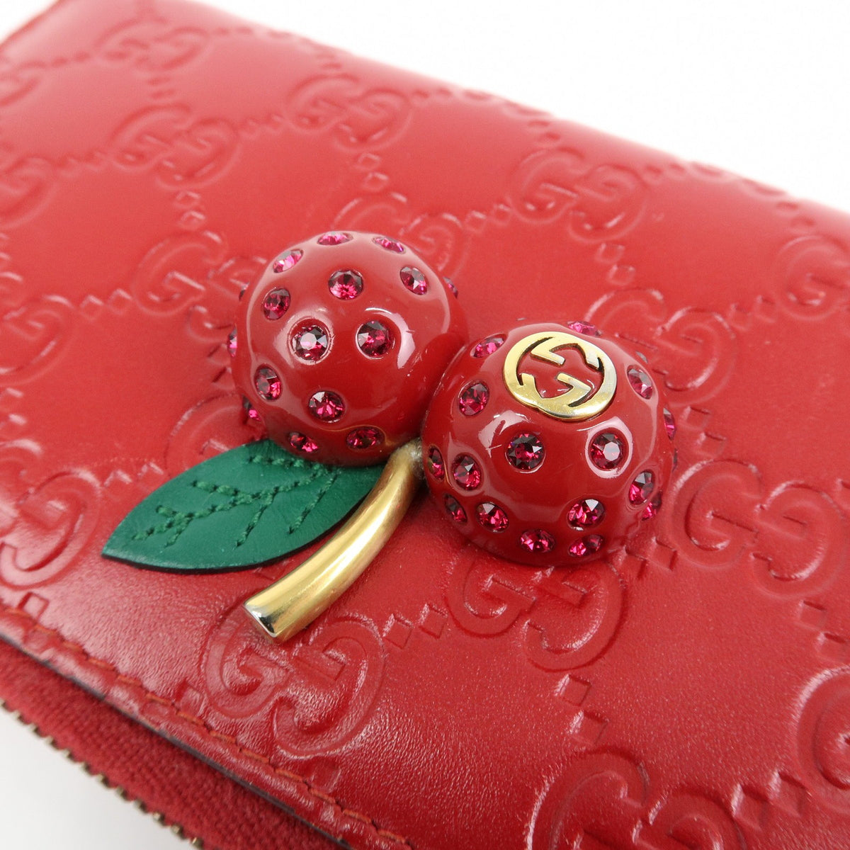 Gucci Cherries Wallet on Chain Guccissima Leather, Red, Leather, Crossbody Bag