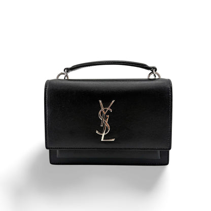 Saint Laurent Sunset Crossbody Bag Crackled Metallic Leather, Black, Leather, Crossbody Bag