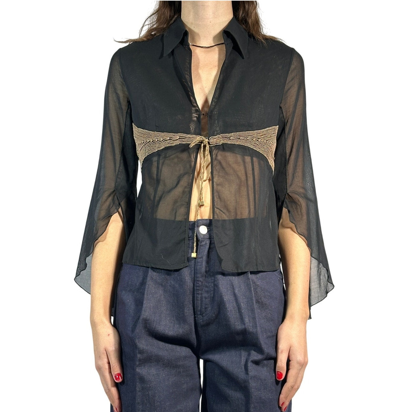 VALENTINO Bell Sleeve Sheer Mesh Blouse