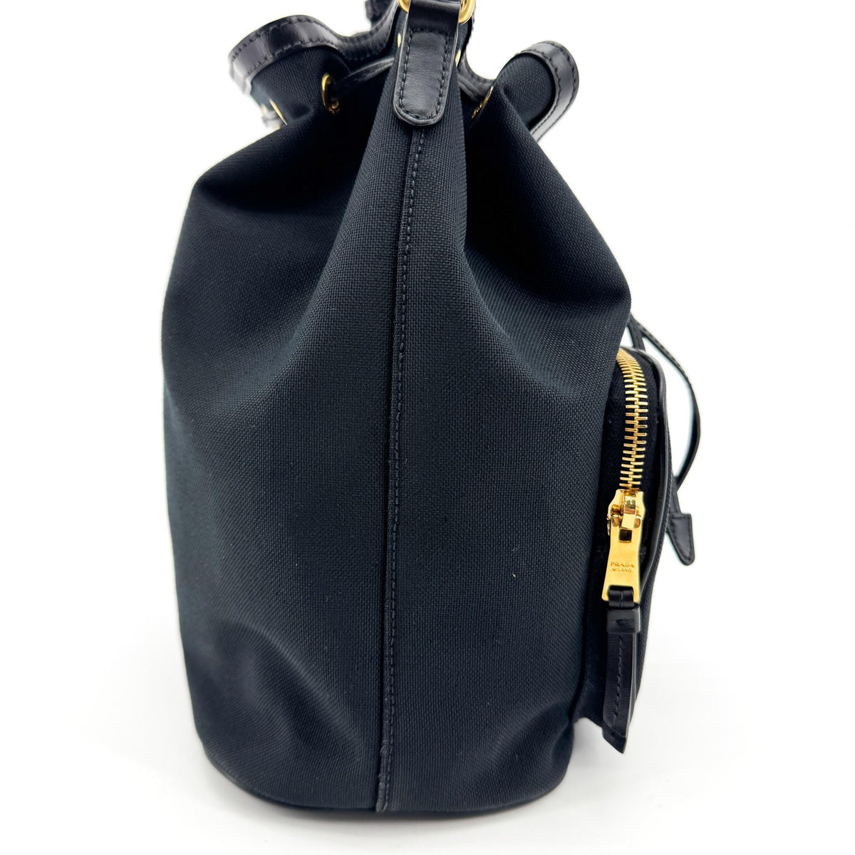 Prada Duet Drawstring Bucket Tessuto, Black, Canvas, Handbag