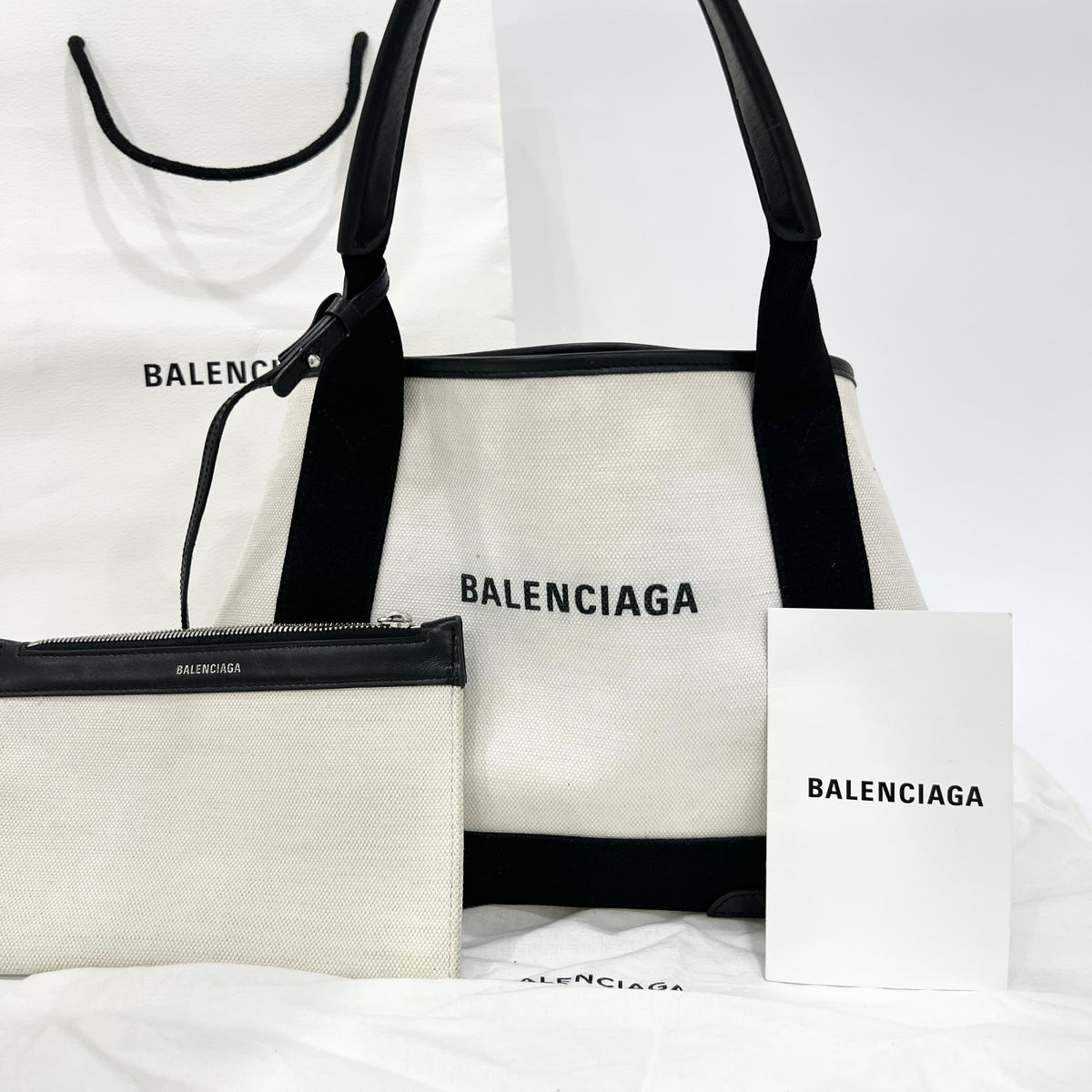 Balenciaga Navy Cabas Canvas with Leather, White, Canvas, Tote Bag