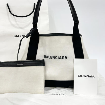 Balenciaga Navy Cabas Canvas with Leather, White, Canvas, Tote Bag