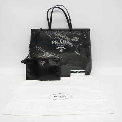Prada Logo Open Sequined Mesh, Black, Mesh, Tote Bag