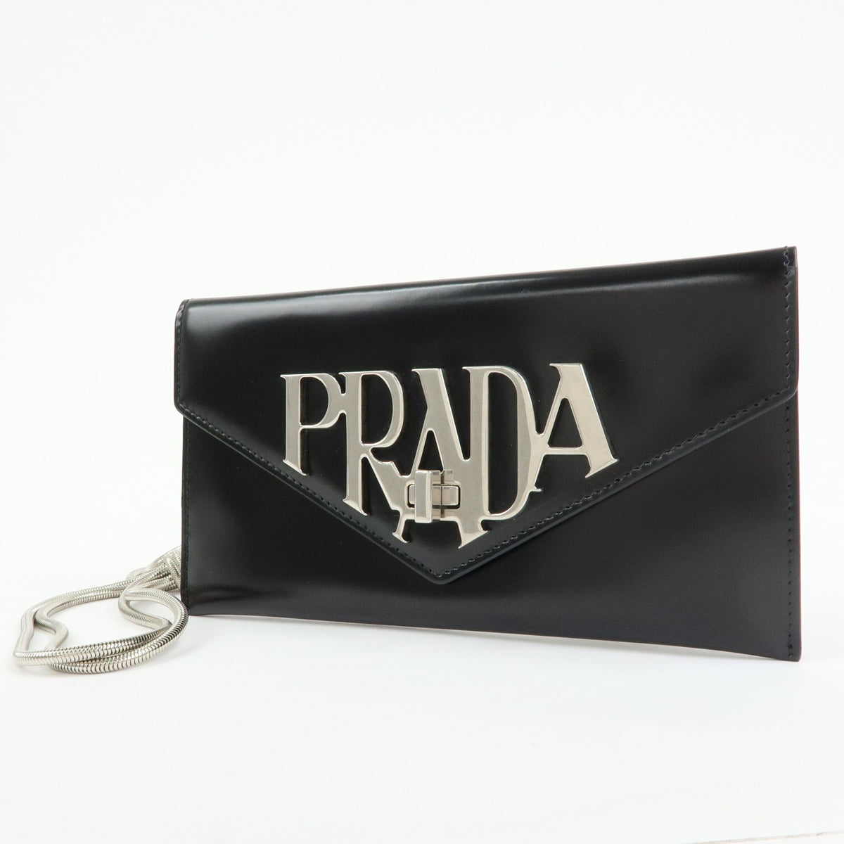 Prada Envelope Logo Clutch Spazzolato Leather, Black, Leather, Clutch