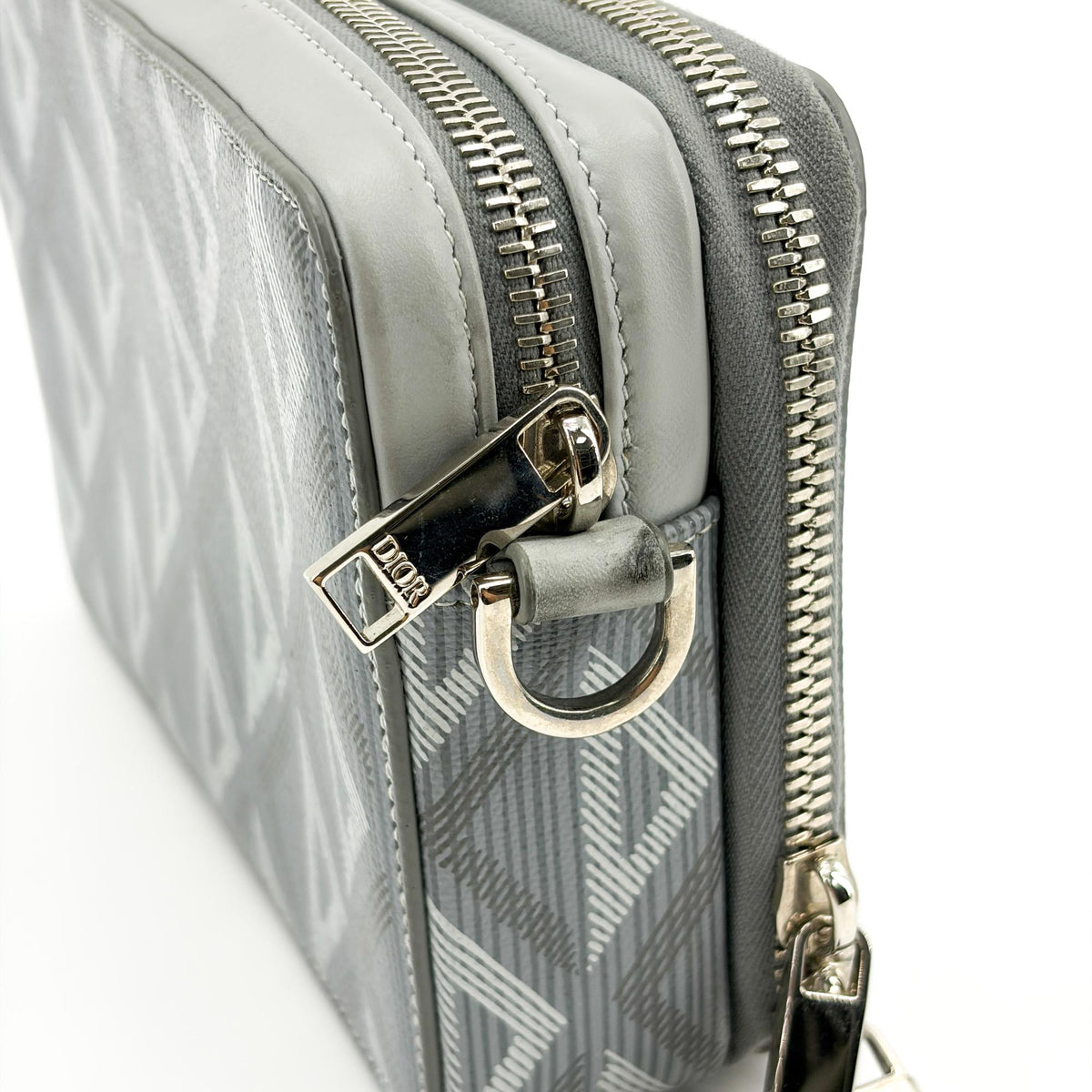 Christian Dior Double Zip CD Diamond Coated Canvas, Gray, Canvas, Crossbody Bag