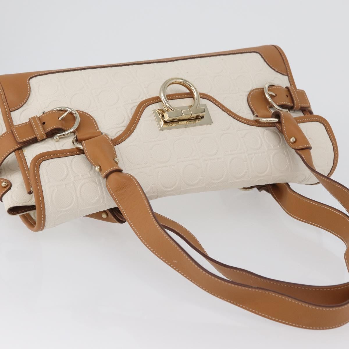 Salvatore Ferragamo Gancini Top Handle Canvas, White, PVC, Handbag
