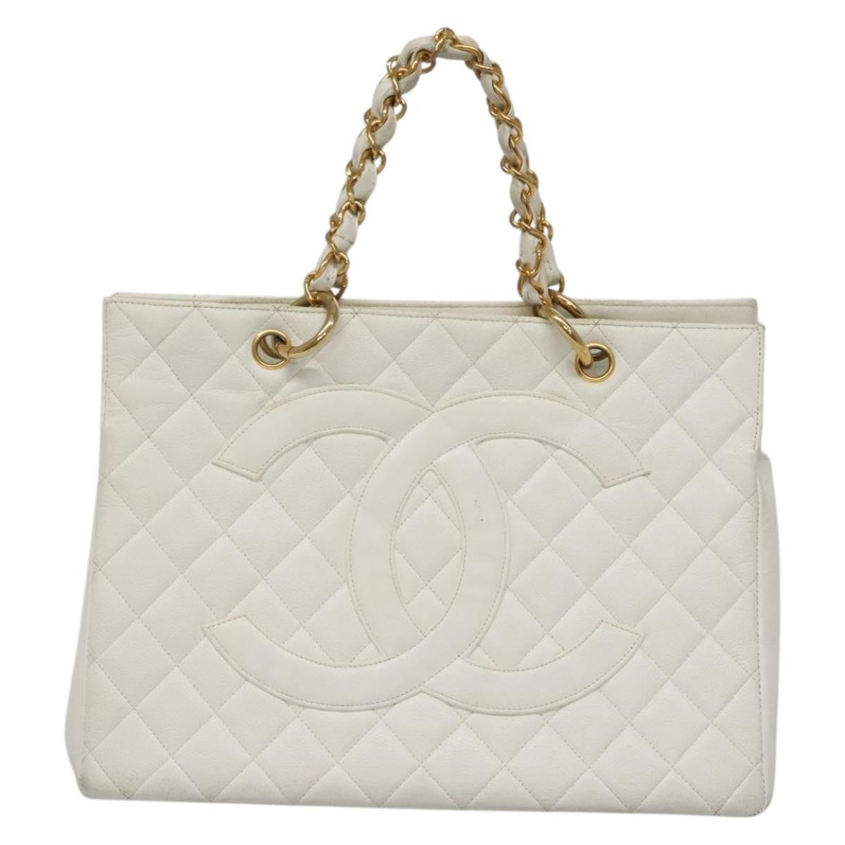 Chanel Vintage Grand Shopping Quilted Caviar, White, Leather, Tote Bag