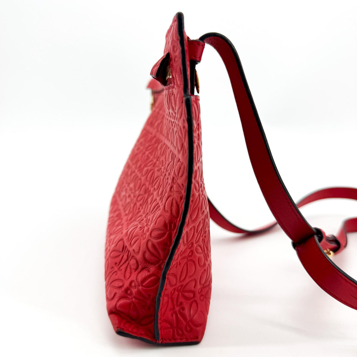 Loewe T Messenger Anagram Embossed Leather, Red, Calfskin, Crossbody Bag