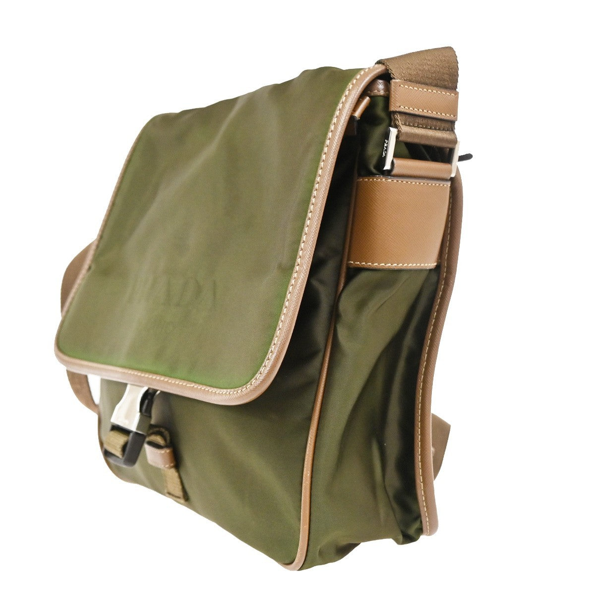 Prada Logo Buckle Messenger Nylon, Khaki, Nylon, Handbag