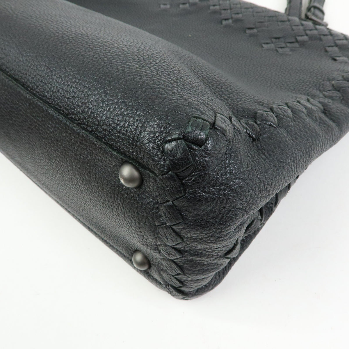 Bottega Veneta A-Shape Leather with Intrecciato Detail, Black, Leather, Tote Bag
