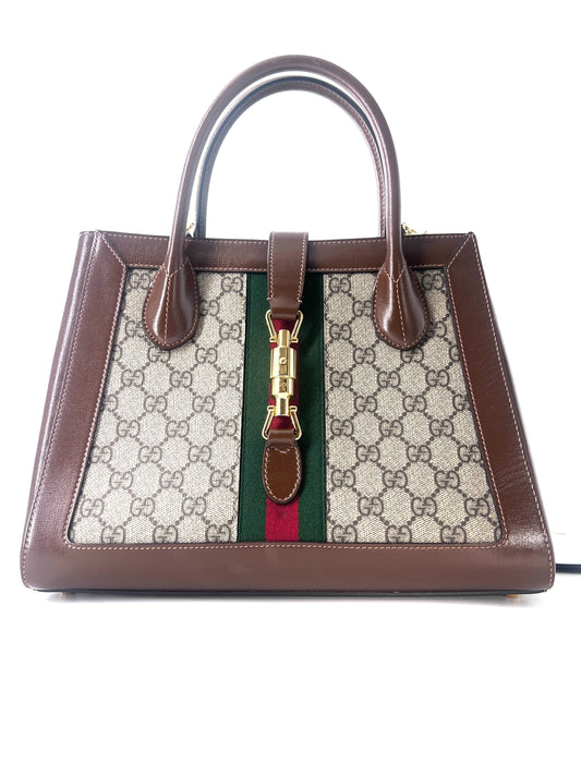 Gucci Ophidia Top Handle Tote GG Coated Canvas with Leather, BROWN, CANVAS, Handbag