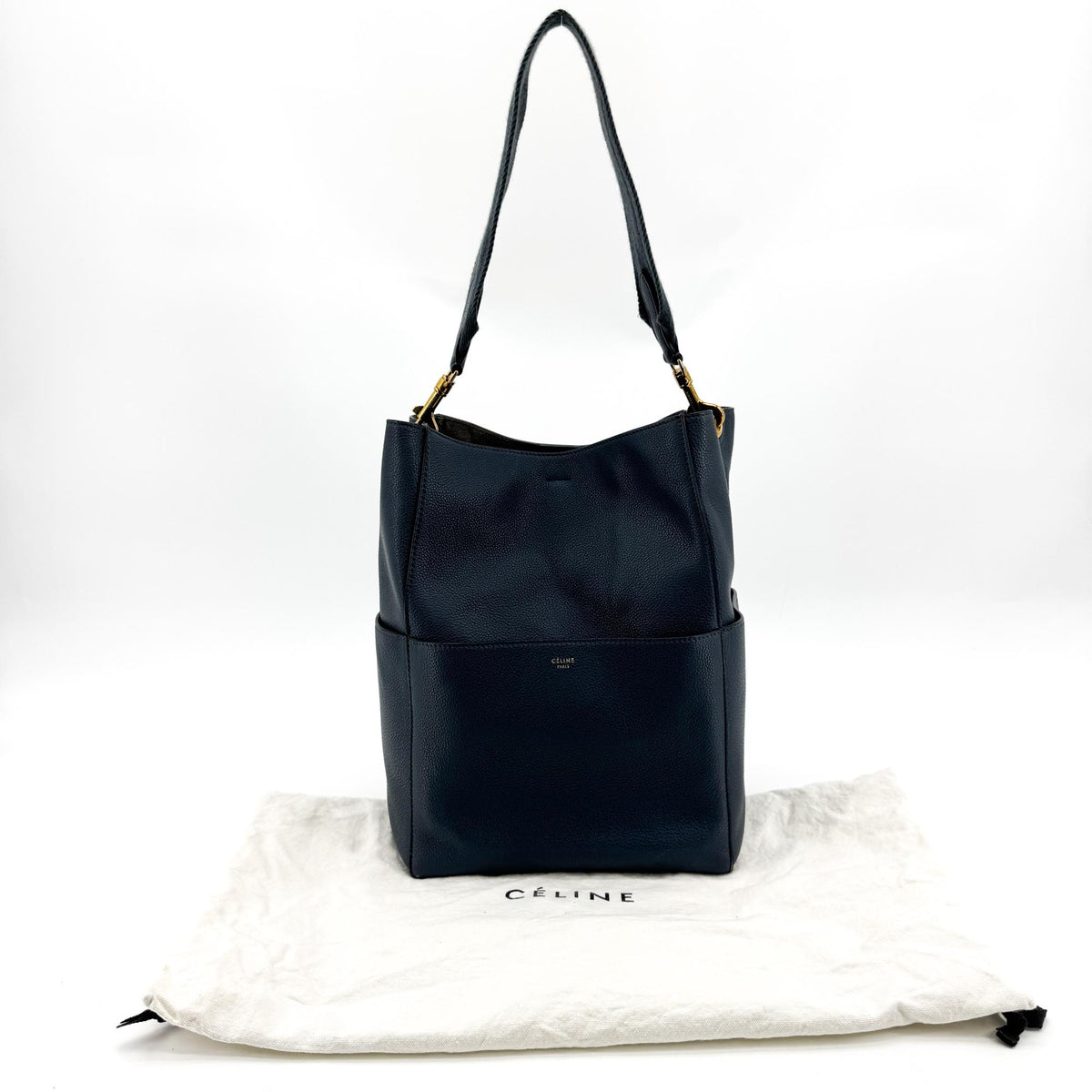 Celine Sangle Seau Calfskin, Navy, Leather, Handbag