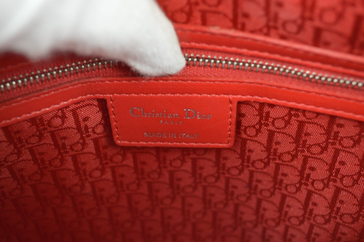 Christian Dior Lady Dior Cannage Quilt Lambskin, Red, Leather, Handbag