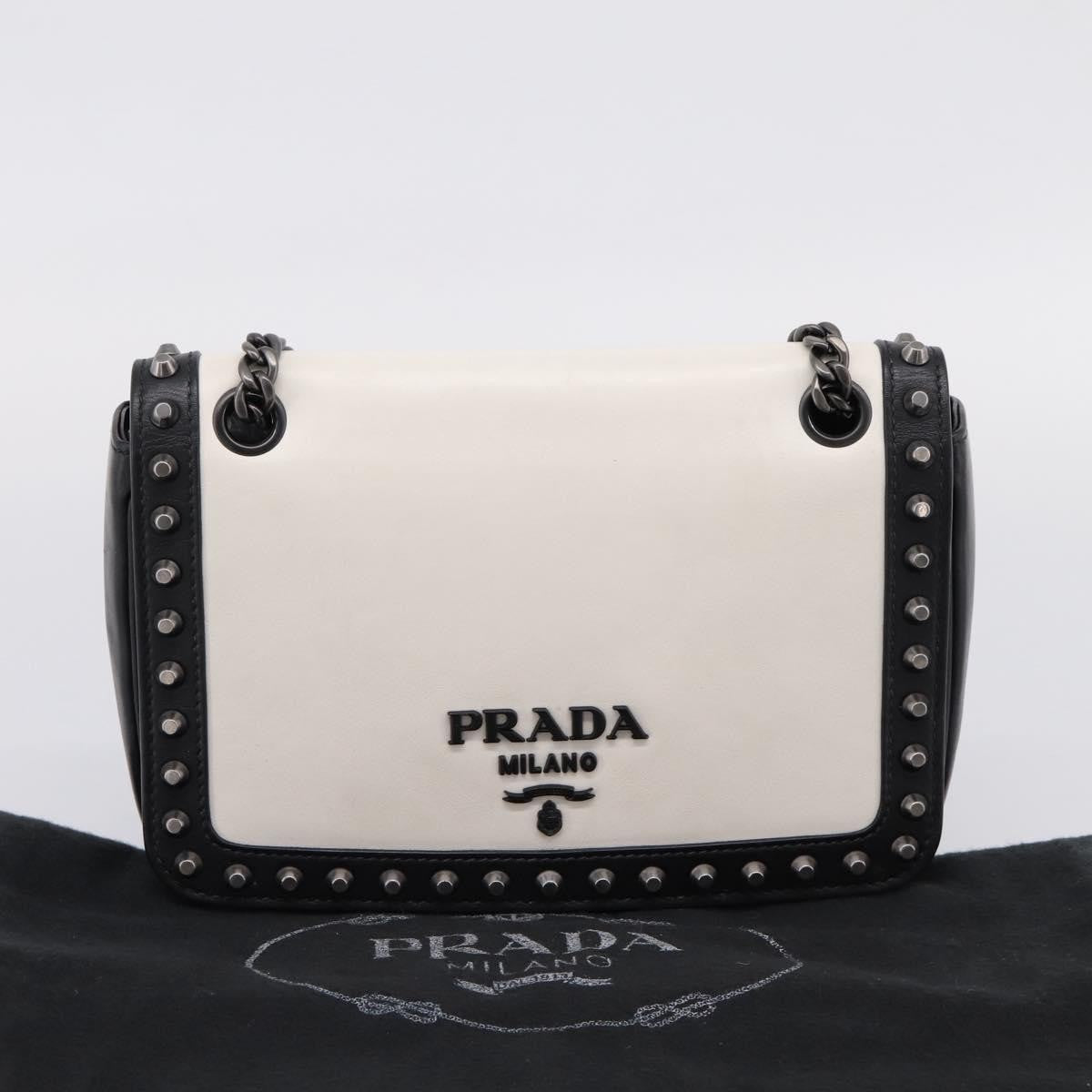 Prada Chain Flap Studded Glace Calf, White, Leather, Shoulder Bag