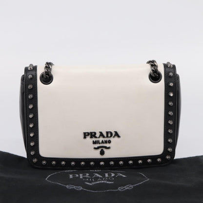 Prada Chain Flap Studded Glace Calf, White, Leather, Shoulder Bag