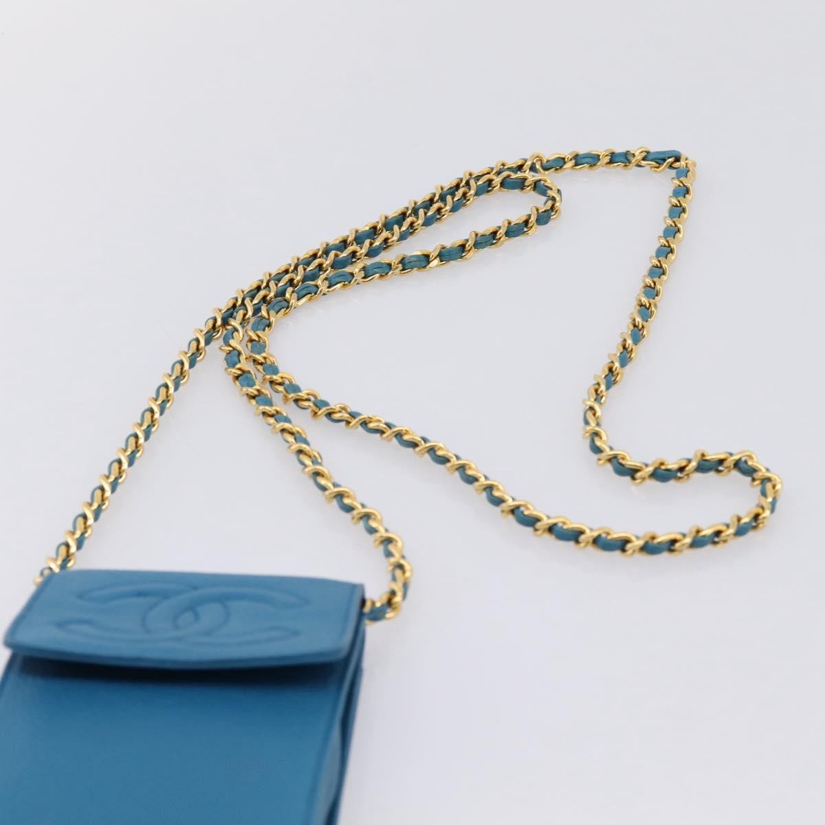 Chanel Vintage CC Phone Holder Caviar, Blue, Leather, Clutch
